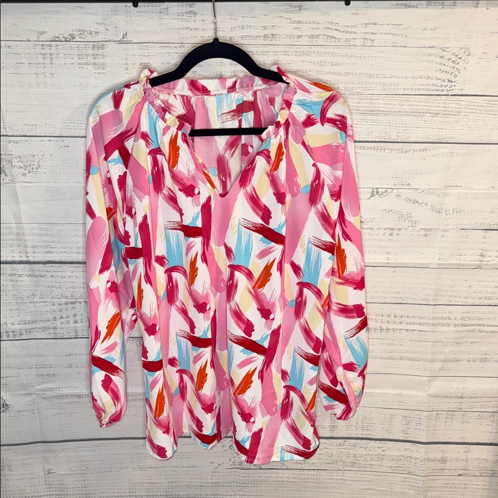 NWOT Pink Abstract Print V-Neck Long Sleeve Women's Top - Picture 2 of 6